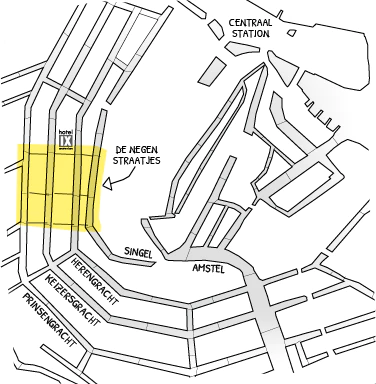 Map of Amsterdam central city district, highlighting the 9 streets.